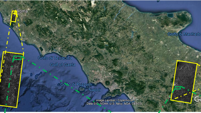 The COSMO-SkyMed Second Generation satellite simultaneously acquires images  over areas hundreds of kilometres apart