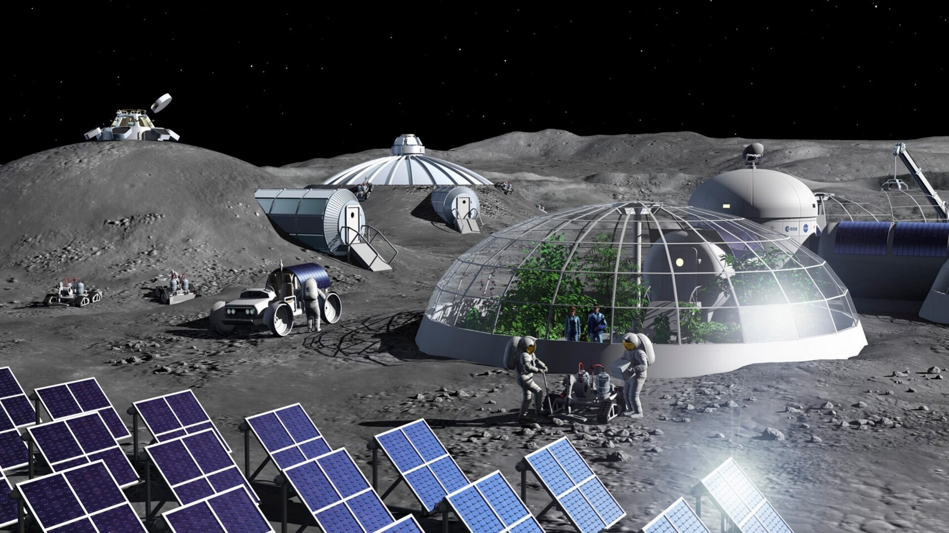 Ambiente lunare con serre - Rendering